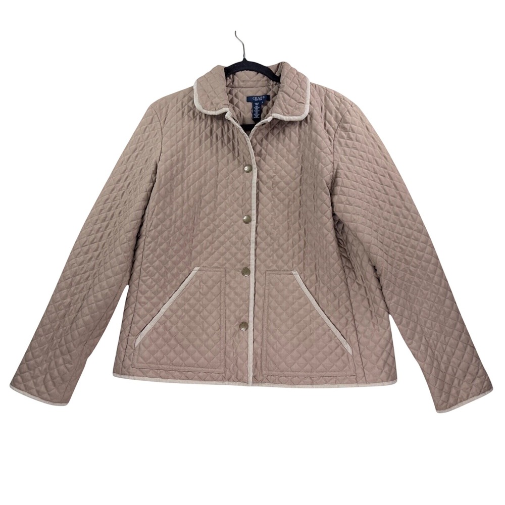 Chaps Quilted Jacket Womens Large Tan Excellent Lightweight Snap Front Barn Coat